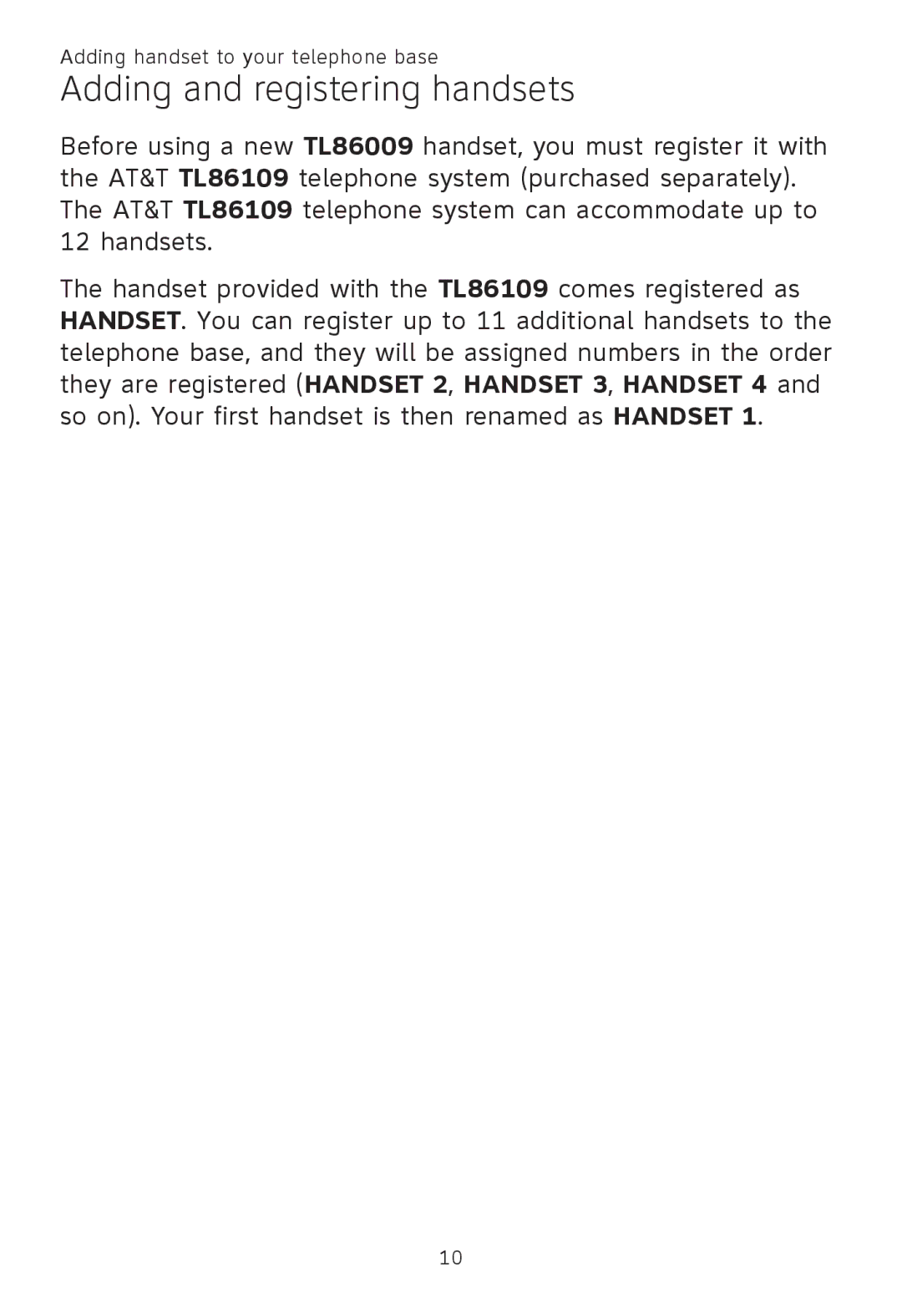 AT&T TL 86009, TL86109, TL86009 user manual Adding and registering handsets 