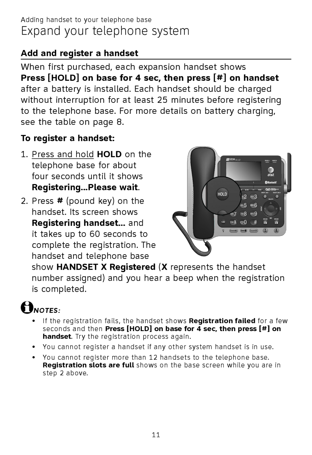 AT&T TL86109, TL86009, TL 86009 user manual Expand your telephone system, Add and register a handset 