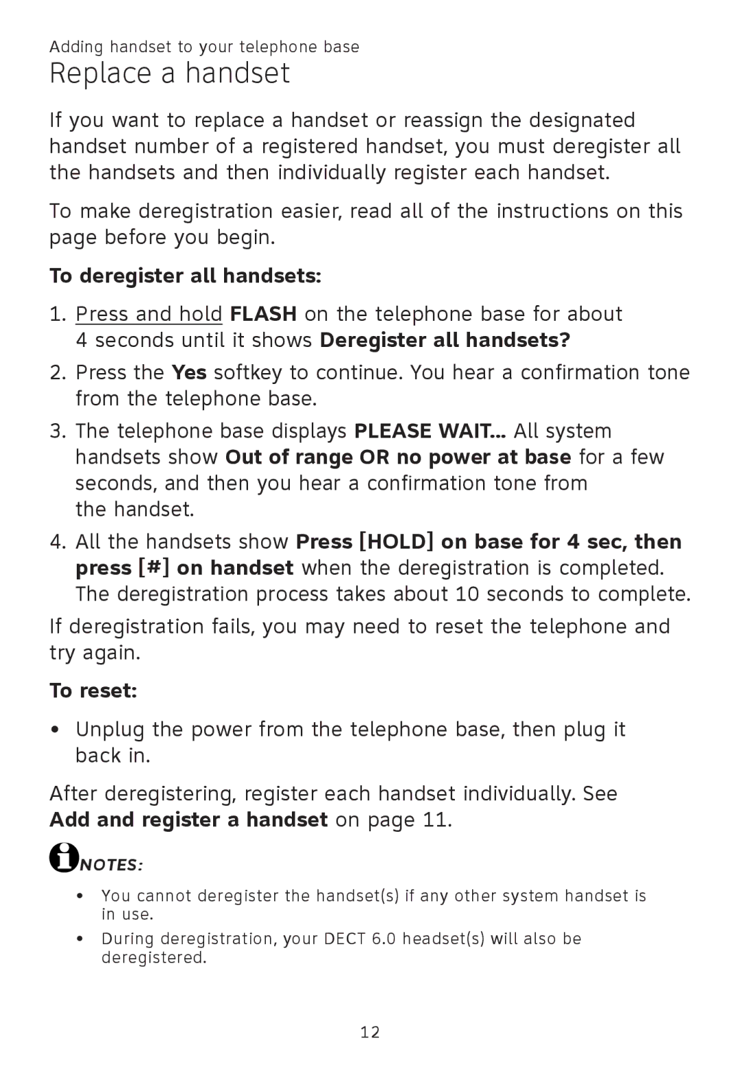 AT&T TL86009, TL86109, TL 86009 user manual Replace a handset, To deregister all handsets, To reset 