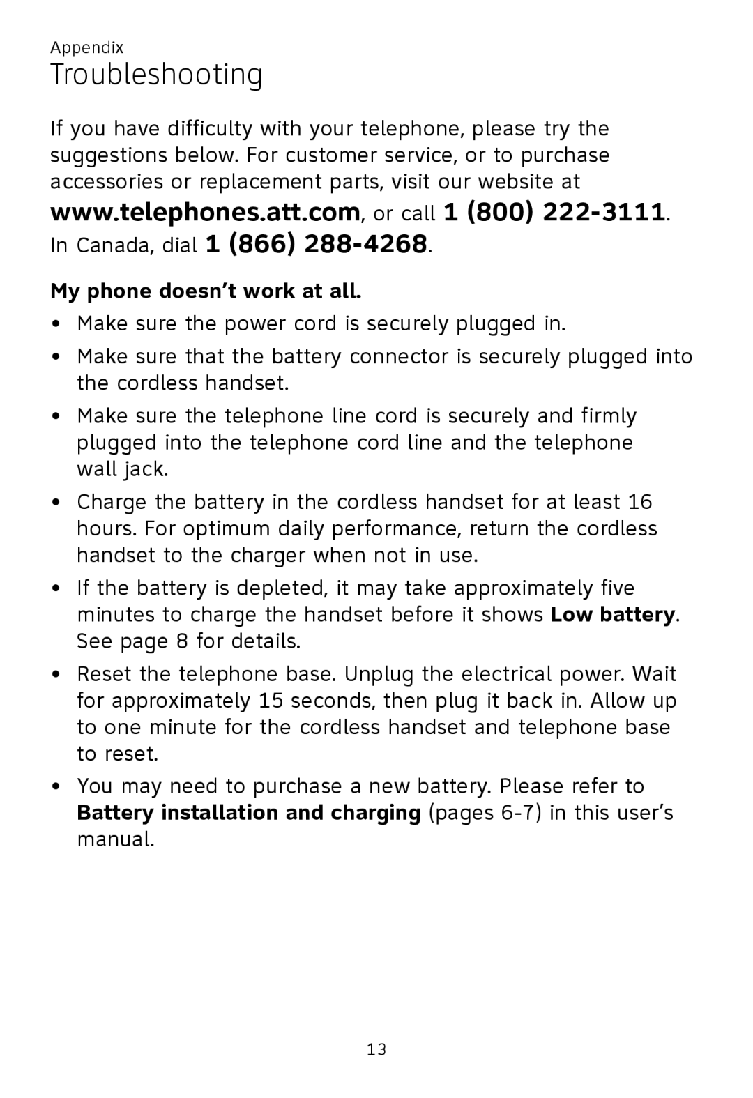 AT&T TL 86009, TL86109, TL86009 user manual Troubleshooting, My phone doesn’t work at all 