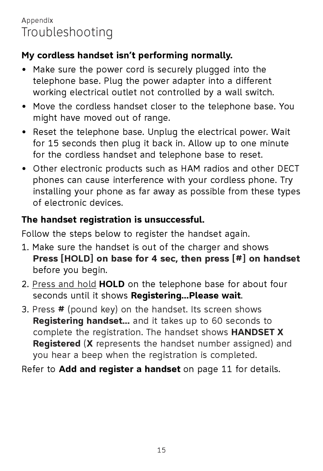 AT&T TL86009, TL86109, TL 86009 My cordless handset isn’t performing normally, Handset registration is unsuccessful 