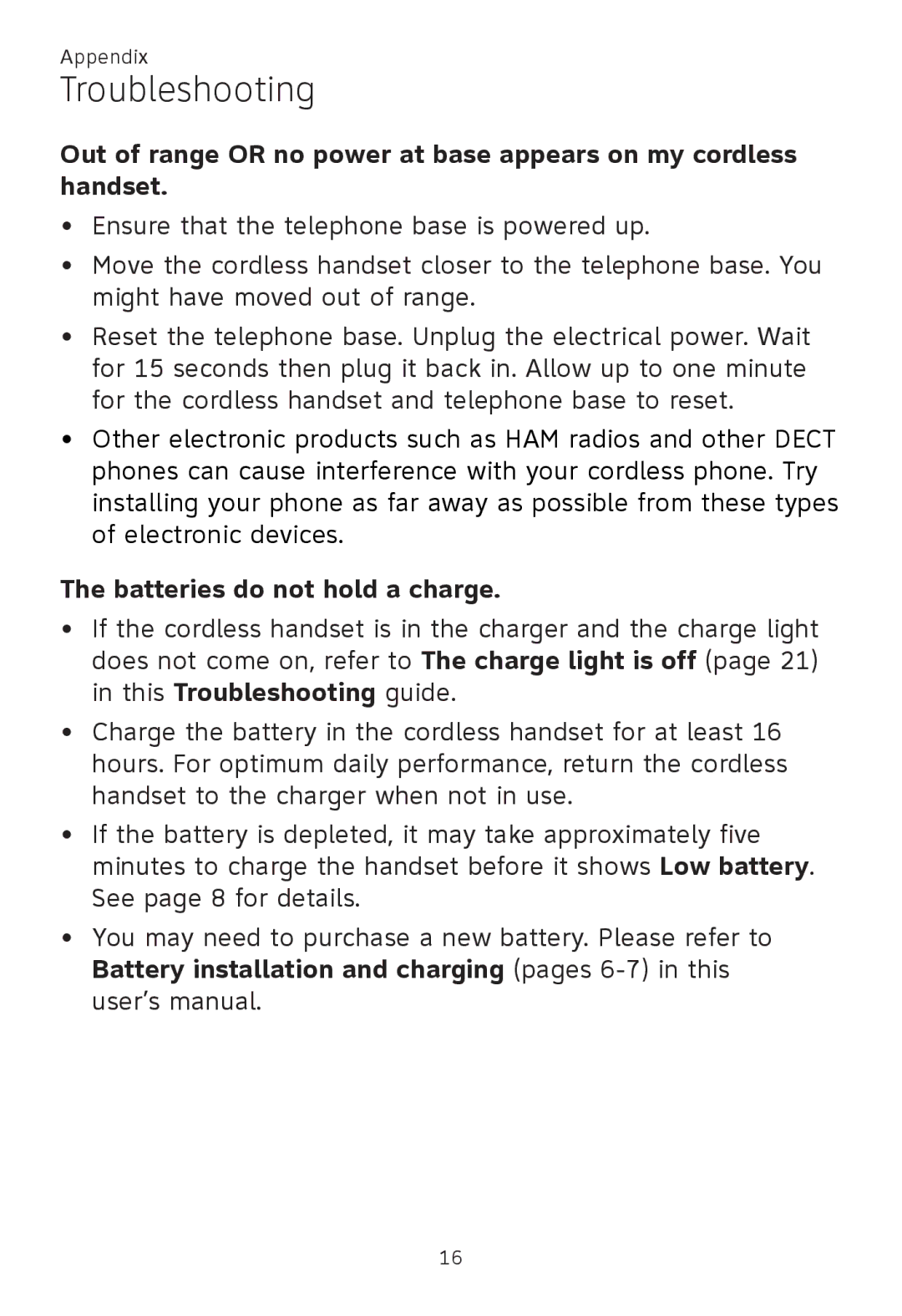 AT&T TL 86009, TL86109, TL86009 user manual Batteries do not hold a charge 