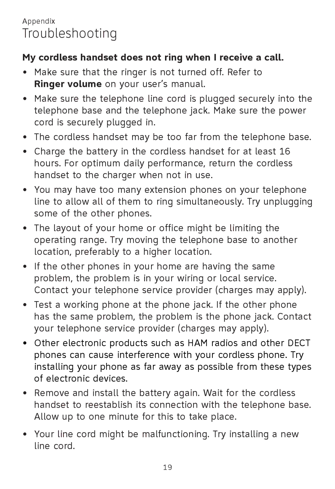 AT&T TL 86009, TL86109, TL86009 user manual My cordless handset does not ring when I receive a call 