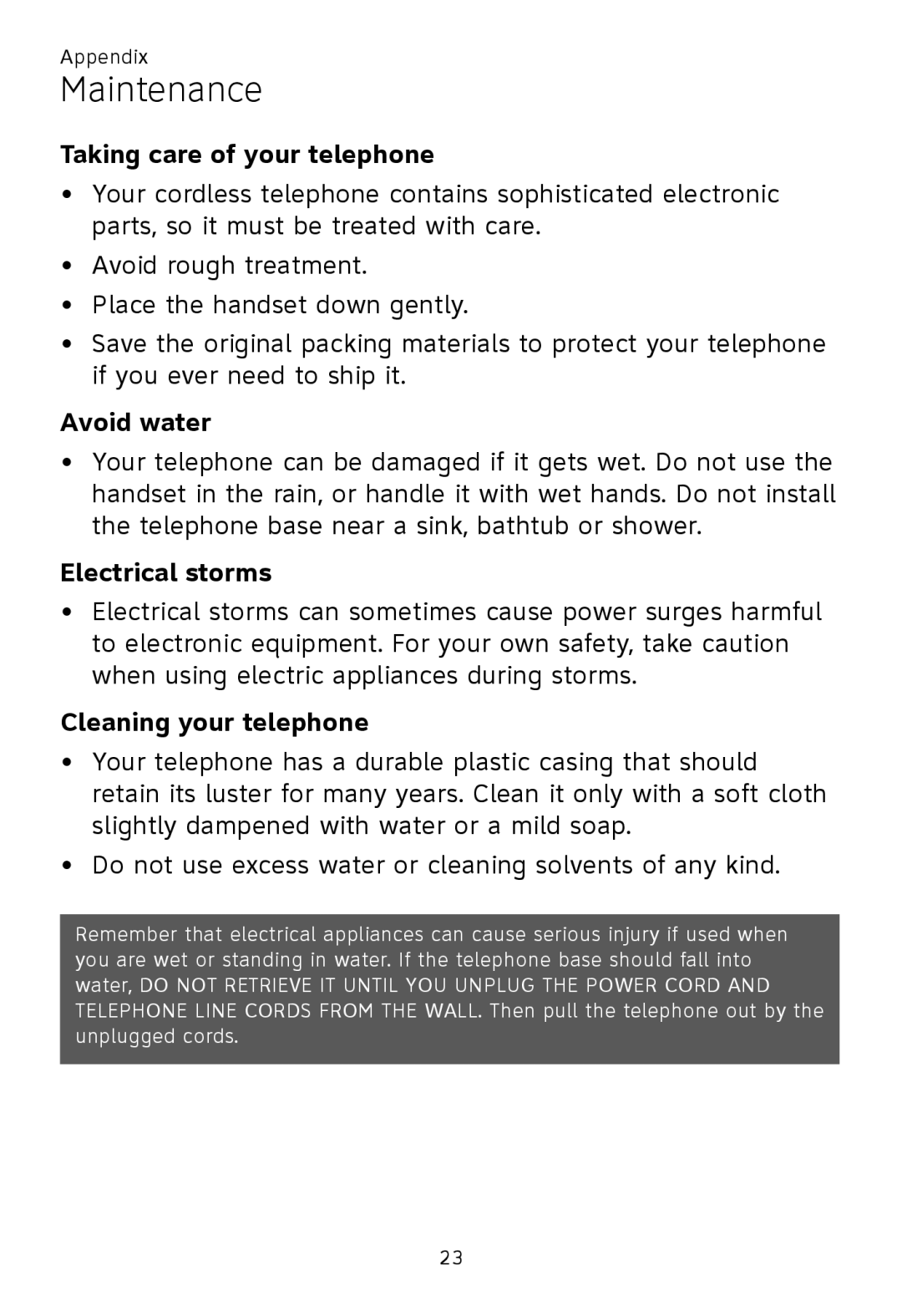 AT&T TL86109, TL86009 Maintenance, Taking care of your telephone, Avoid water, Electrical storms, Cleaning your telephone 