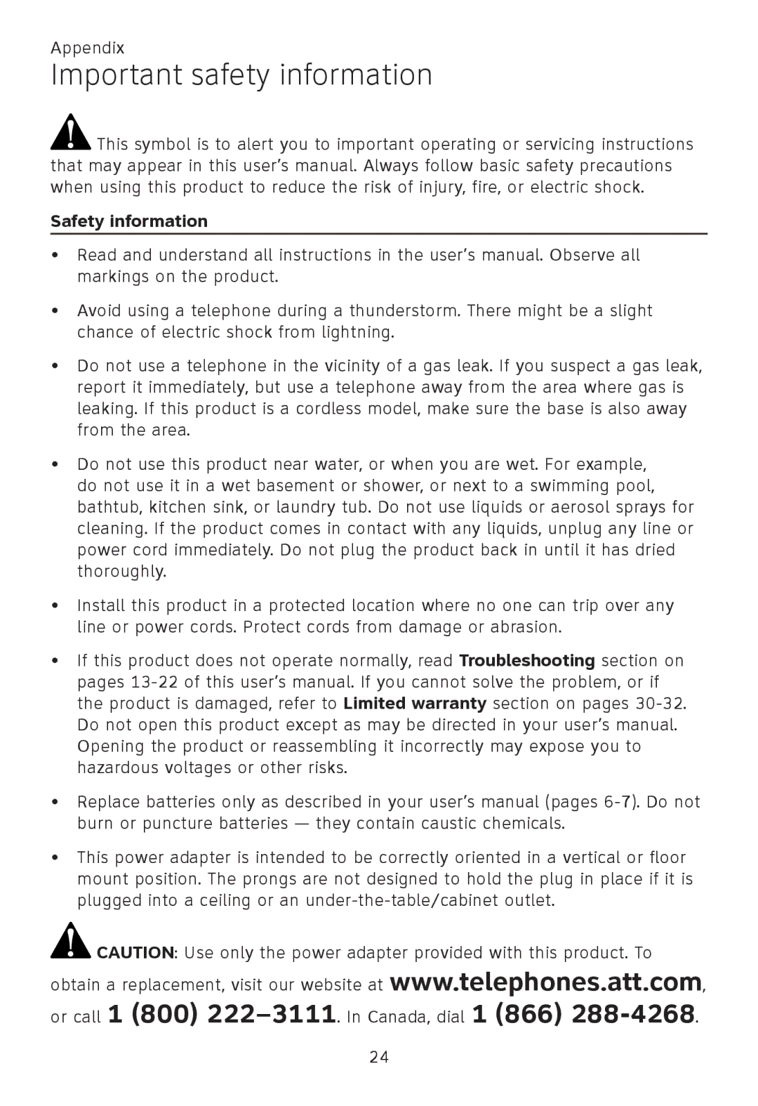 AT&T TL86009, TL86109, TL 86009 user manual Important safety information, Safety information 