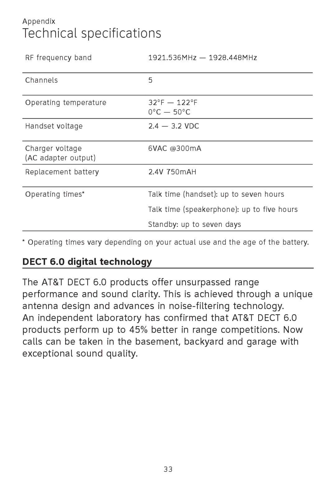 AT&T TL86009, TL86109, TL 86009 user manual Technical specifications, Dect 6.0 digital technology 