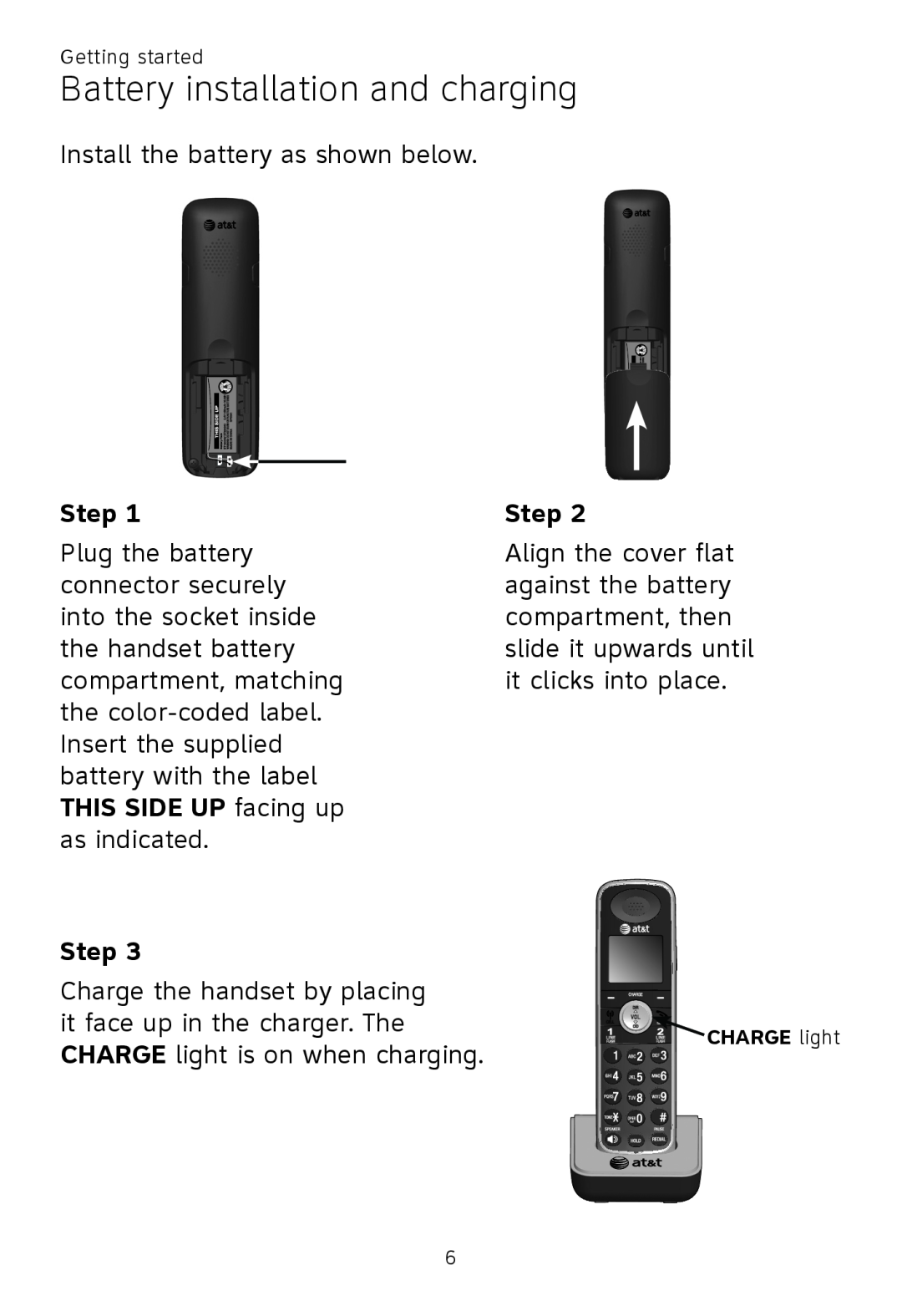 AT&T TL86009, TL86109, TL 86009 user manual Battery installation and charging, Step 