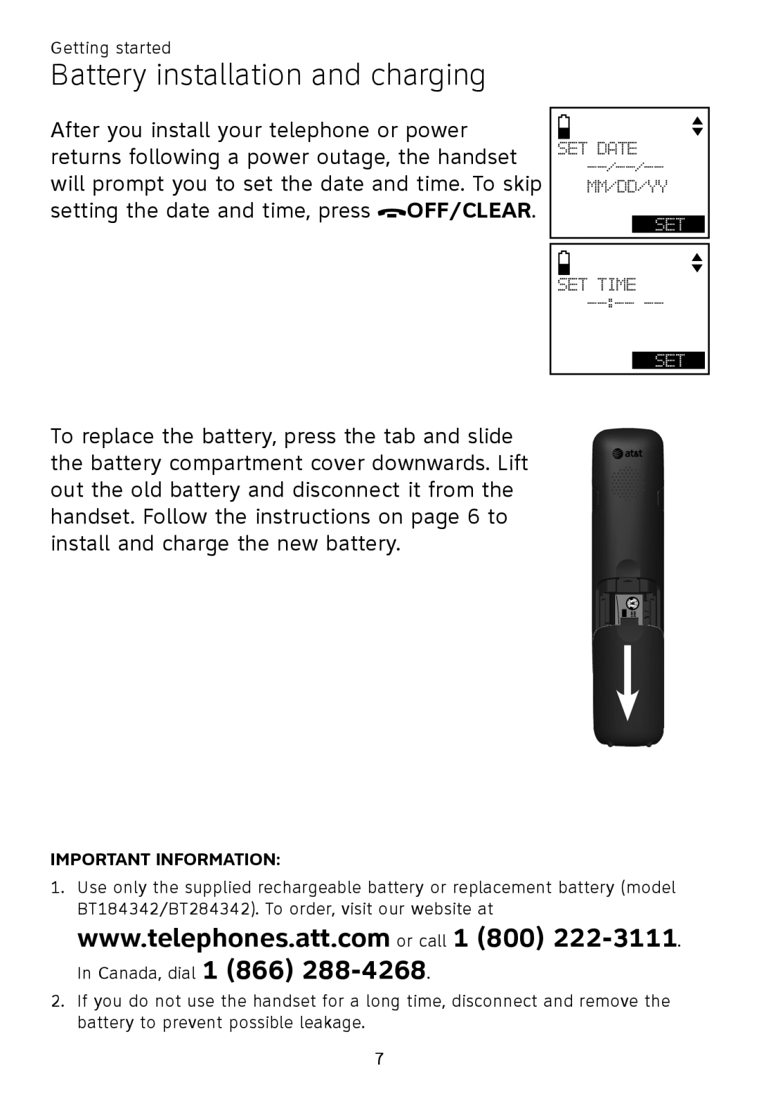 AT&T TL 86009, TL86109, TL86009 user manual Battery installation and charging, Set Date --/--/-- Mm/Dd/Yy, Set Time 