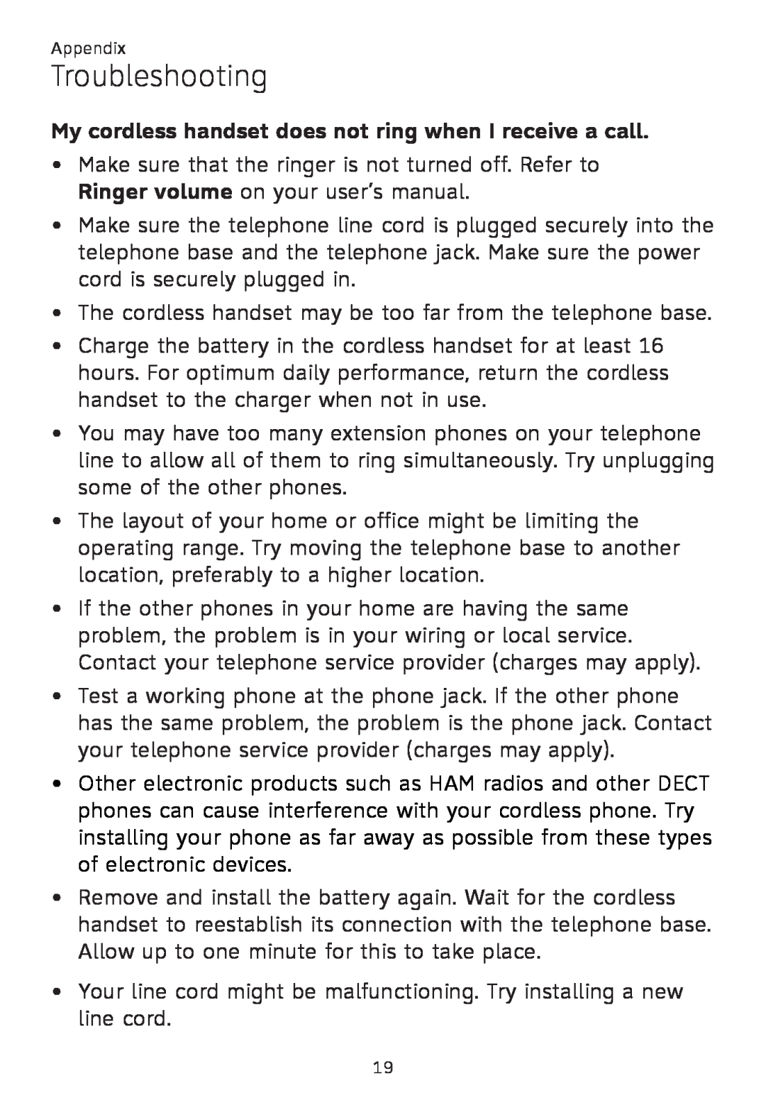 AT&T TL 86009, TL86109, TL86009 user manual My cordless handset does not ring when I receive a call, Troubleshooting 