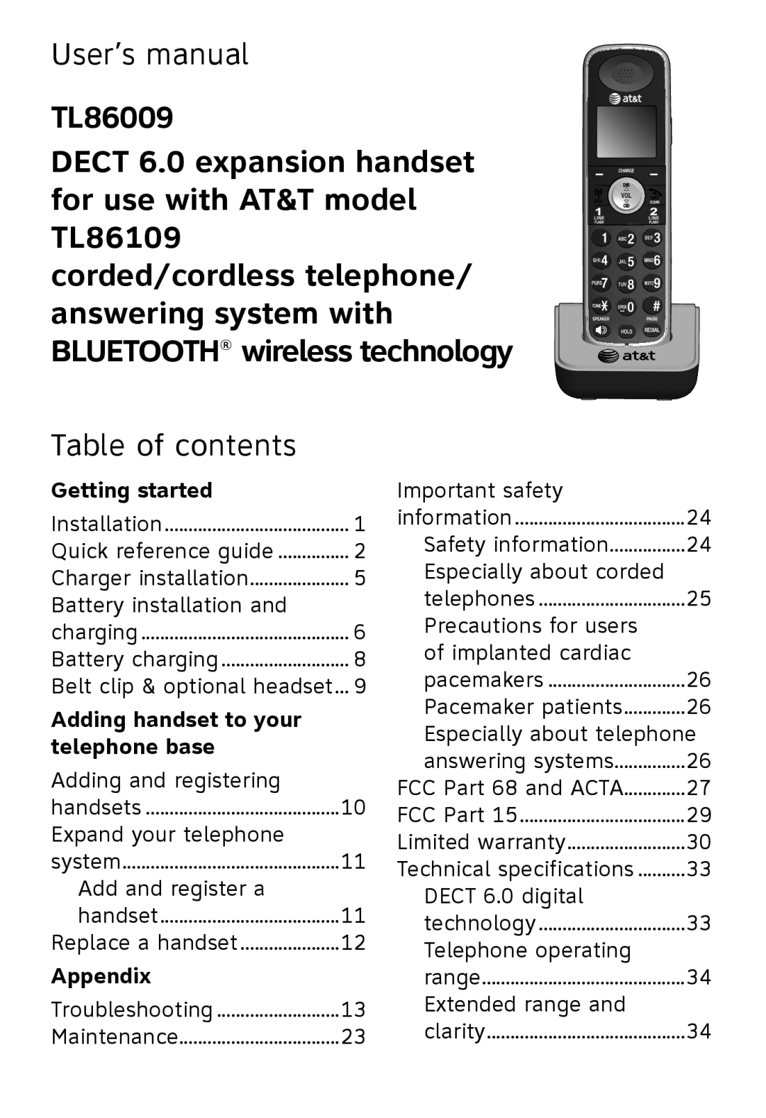 AT&T TL86009, TL86109 User’s manual, Table of contents, Getting started, Adding handset to your, telephone base, Appendix 