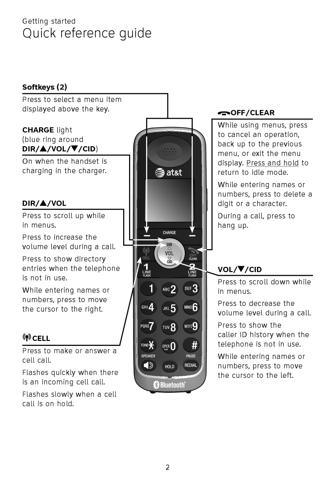 AT&T TL86109 Quick reference guide, Softkeys, Dir//Vol, Cell, Press to make or answer a cell call, Off/Clear, Vol//Cid 