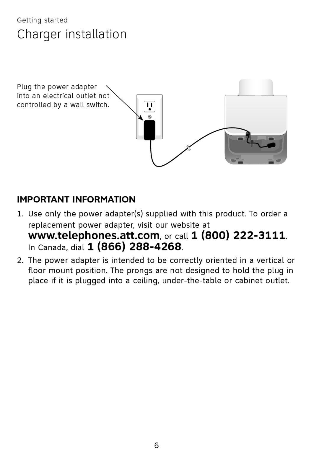 AT&T TL90078 user manual Charger installation, Important Information 