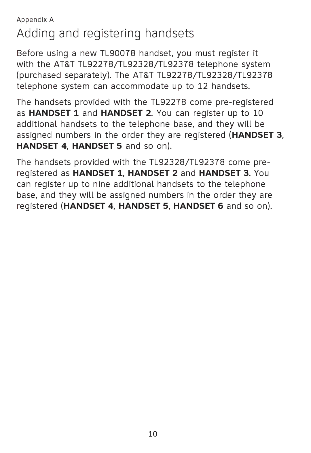 AT&T TL90078 user manual Adding and registering handsets 