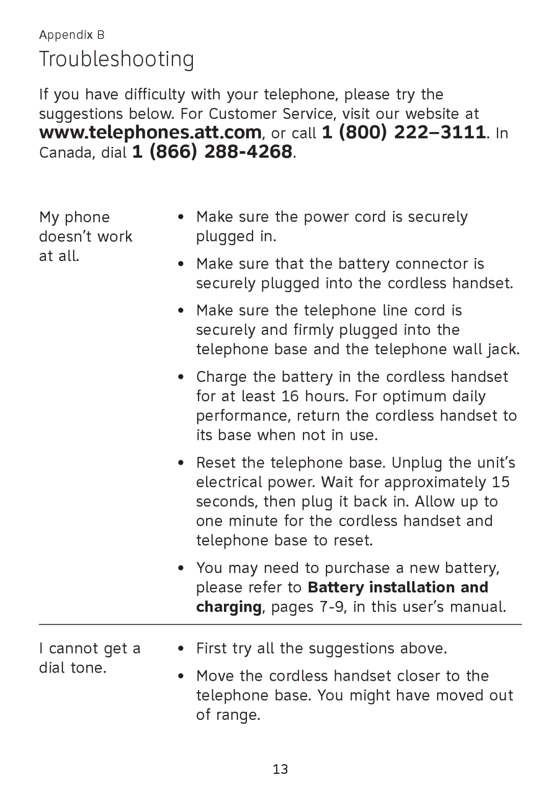 AT&T TL90078 user manual Troubleshooting 