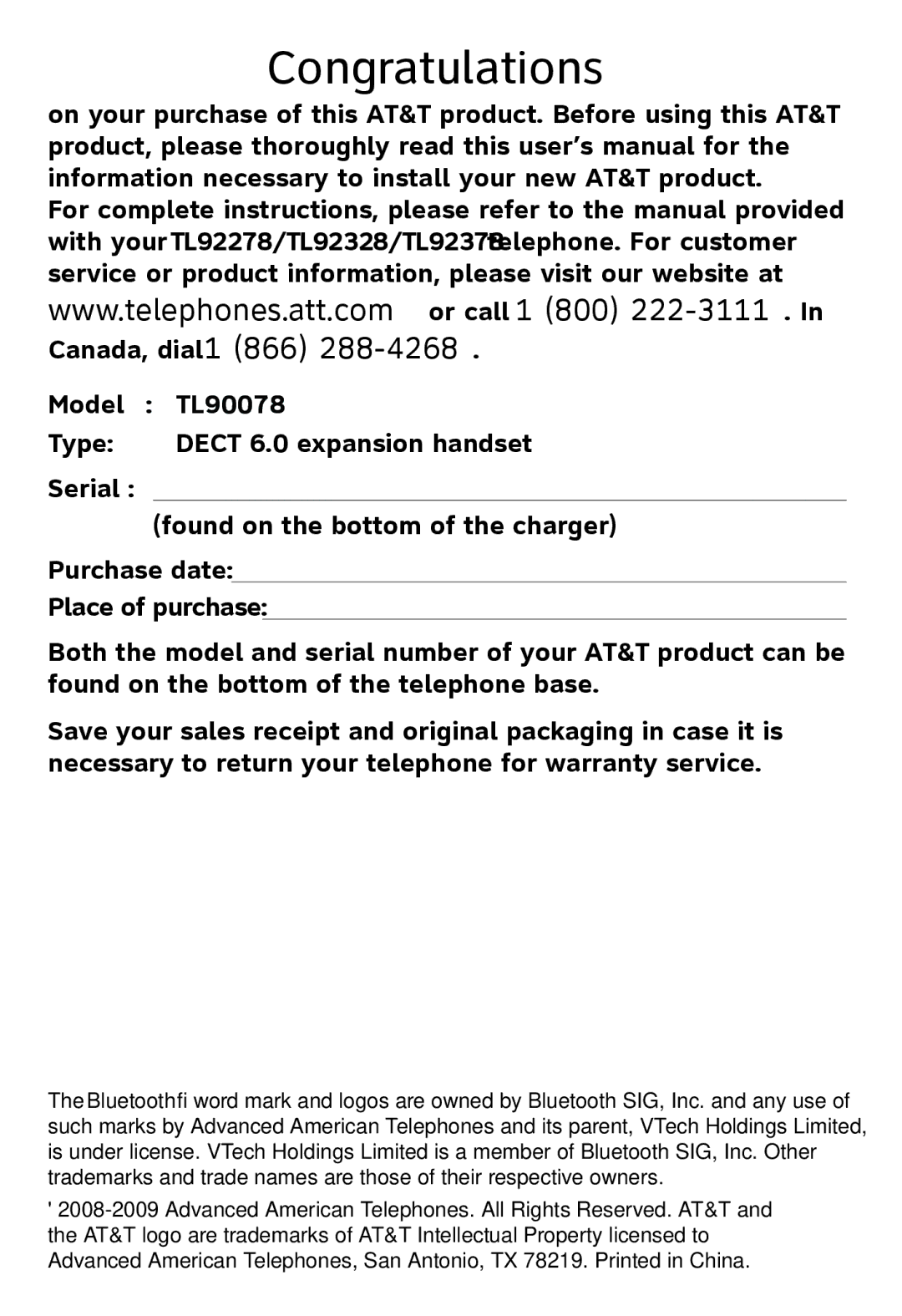 AT&T TL90078 user manual Congratulations 