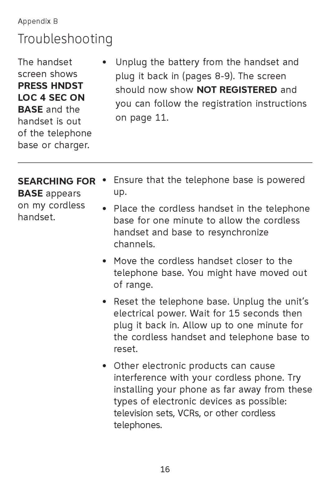 AT&T TL90078 user manual Searching for Base appears on my cordless handset 