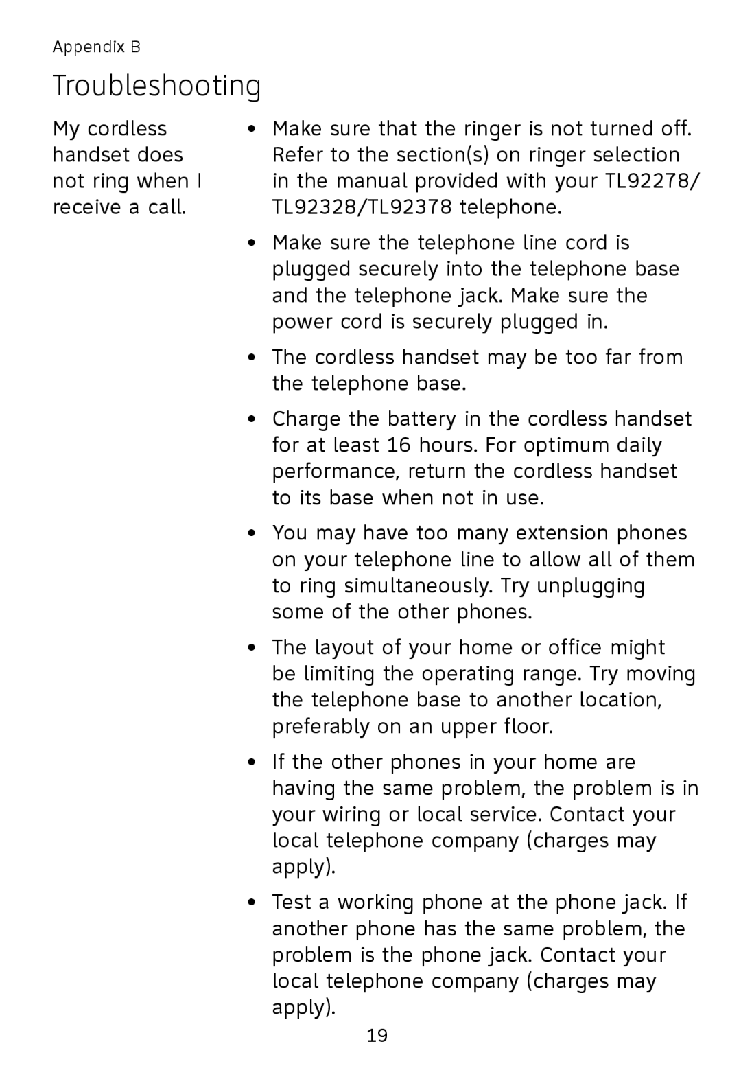 AT&T TL90078 user manual Troubleshooting 