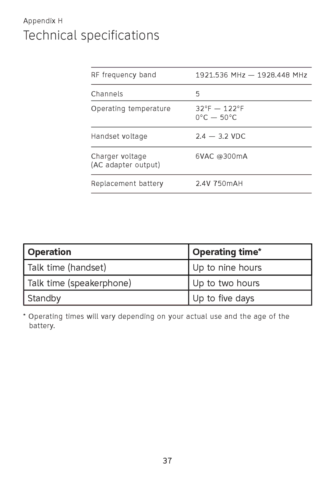 AT&T TL90078 user manual Technical specifications, Operation Operating time 