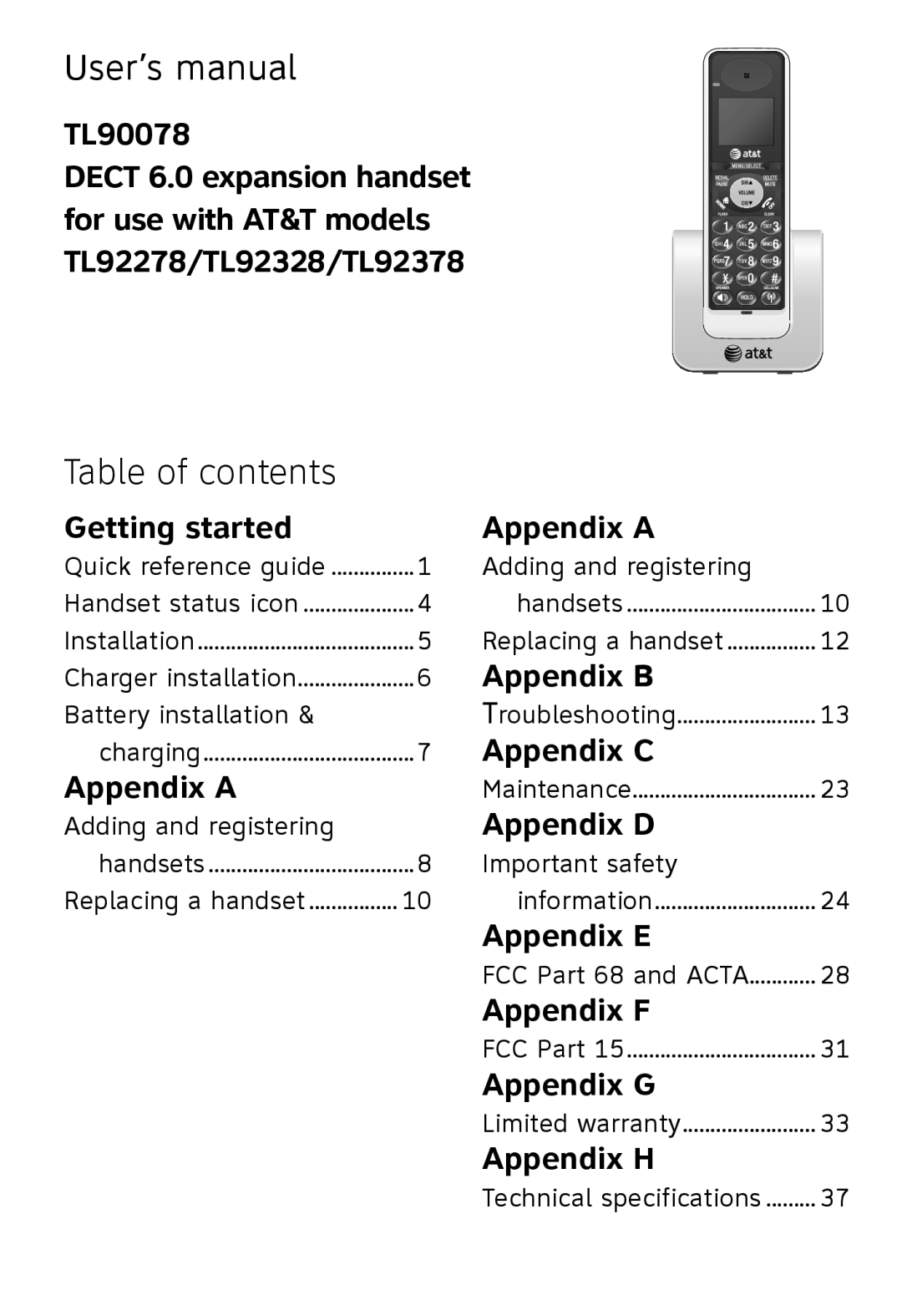 AT&T TL90078 user manual User’s manual, Table of contents 