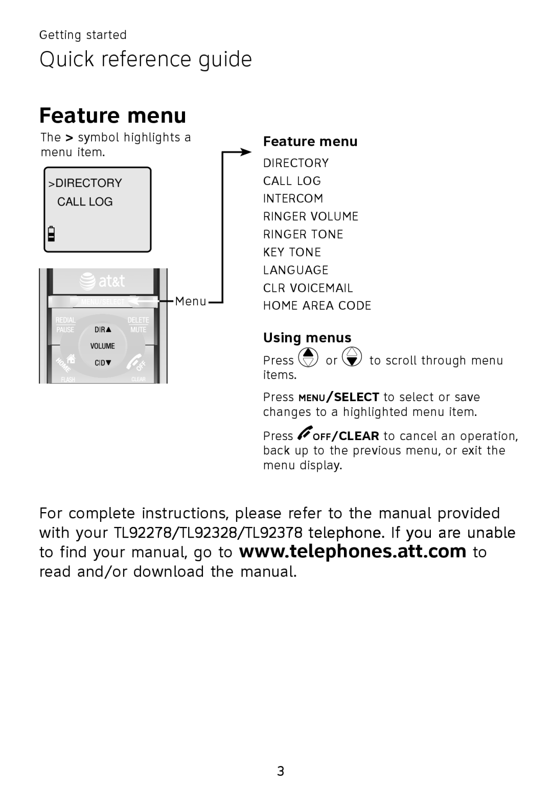 AT&T TL90078 user manual Feature menu 