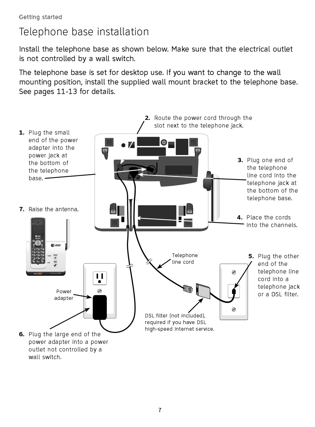 AT&T TL9178, TL91378, TL91178, TL91278 user manual Telephone base installation 