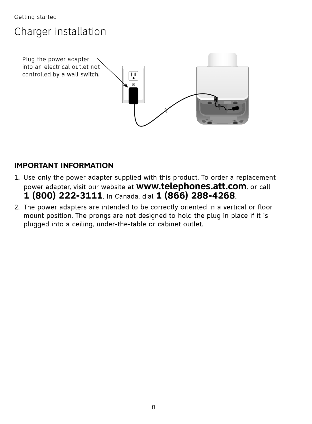 AT&T TL91378, TL9178, TL91178, TL91278 user manual Charger installation, 800 222-3111. In Canada, dial 1 866 