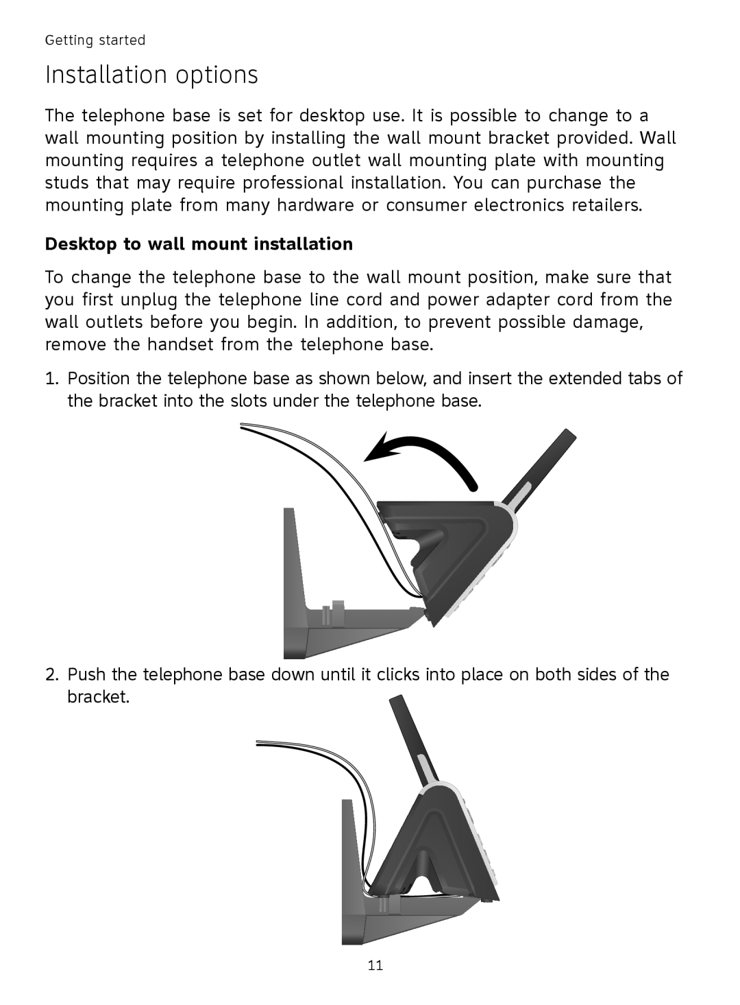 AT&T TL9178, TL91378, TL91178, TL91278 user manual Installation options, Desktop to wall mount installation 