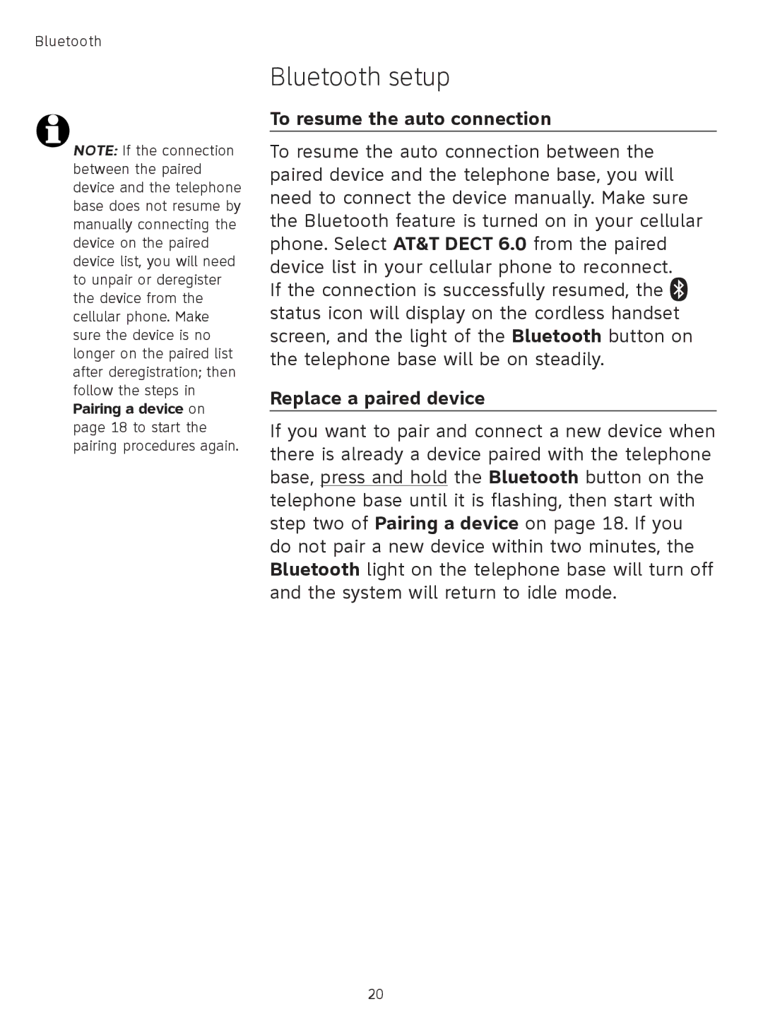 AT&T TL91378, TL9178, TL91178, TL91278 user manual To resume the auto connection, Replace a paired device 