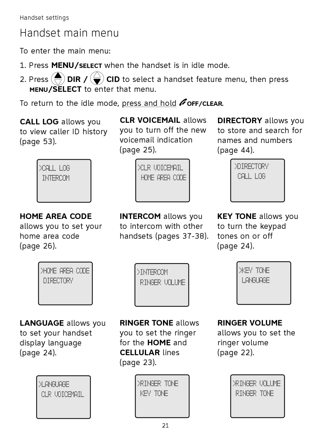 AT&T TL91178, TL9178, TL91378, TL91278 user manual Handset main menu, Home Area Code allows you to set your home area code 