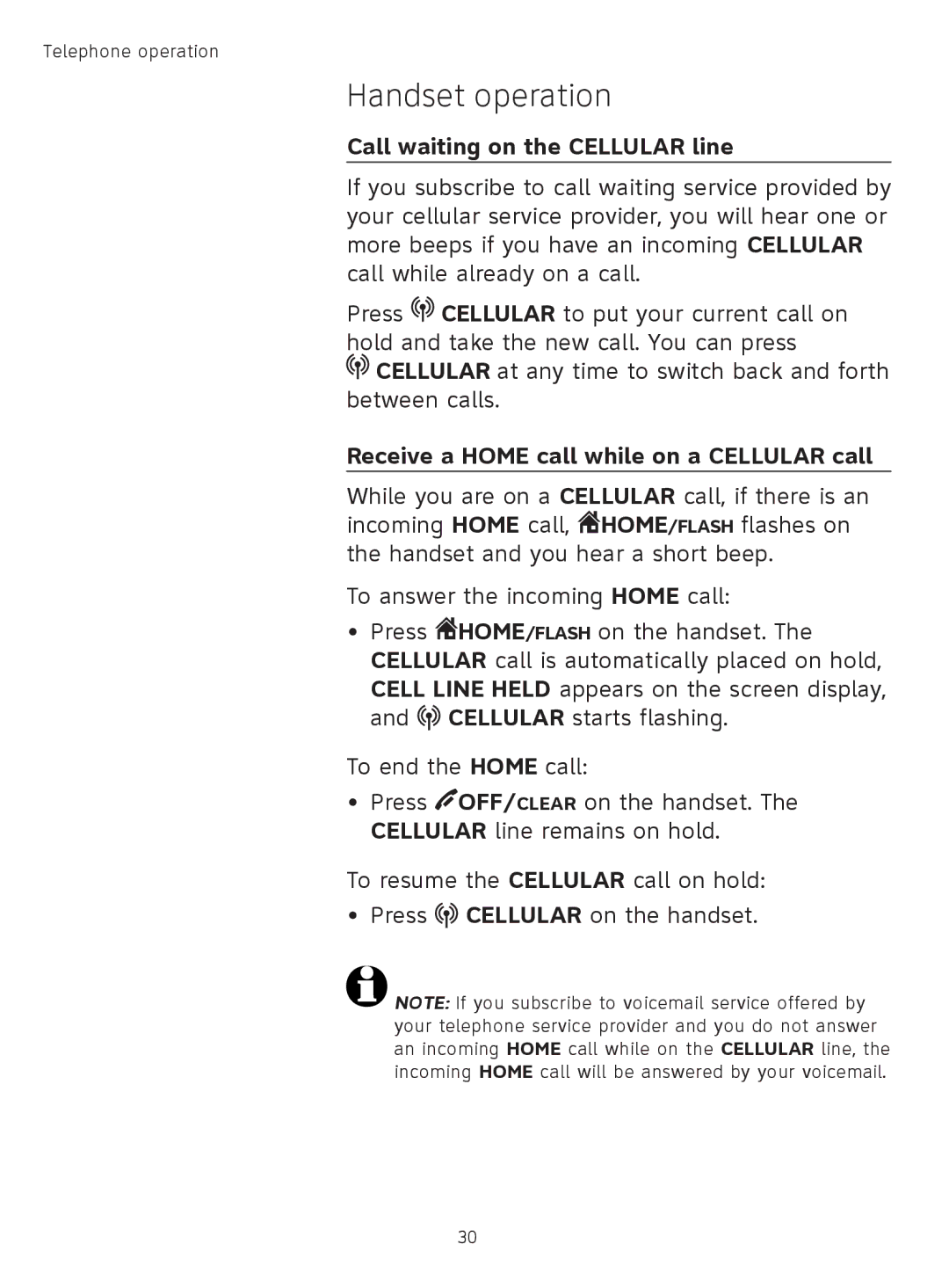 AT&T TL91278, TL9178, TL91378, TL91178 Call waiting on the Cellular line, Receive a Home call while on a Cellular call 