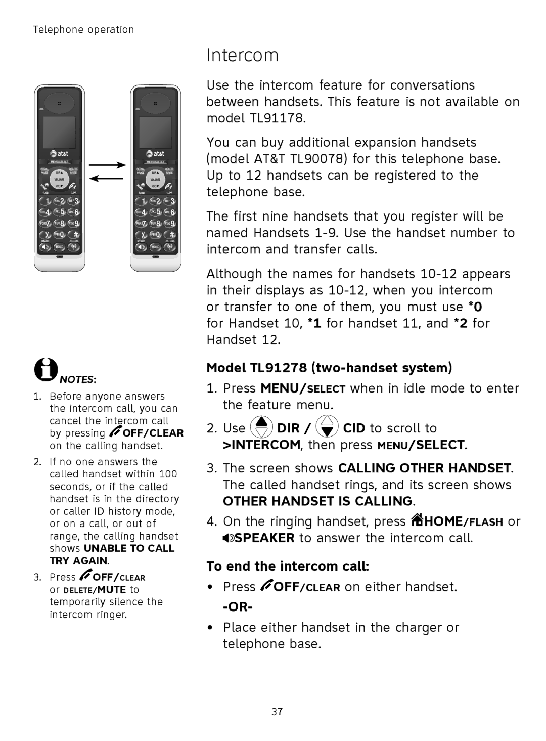 AT&T TL91178, TL9178, TL91378 user manual Intercom, Model TL91278 two-handset system, To end the intercom call 