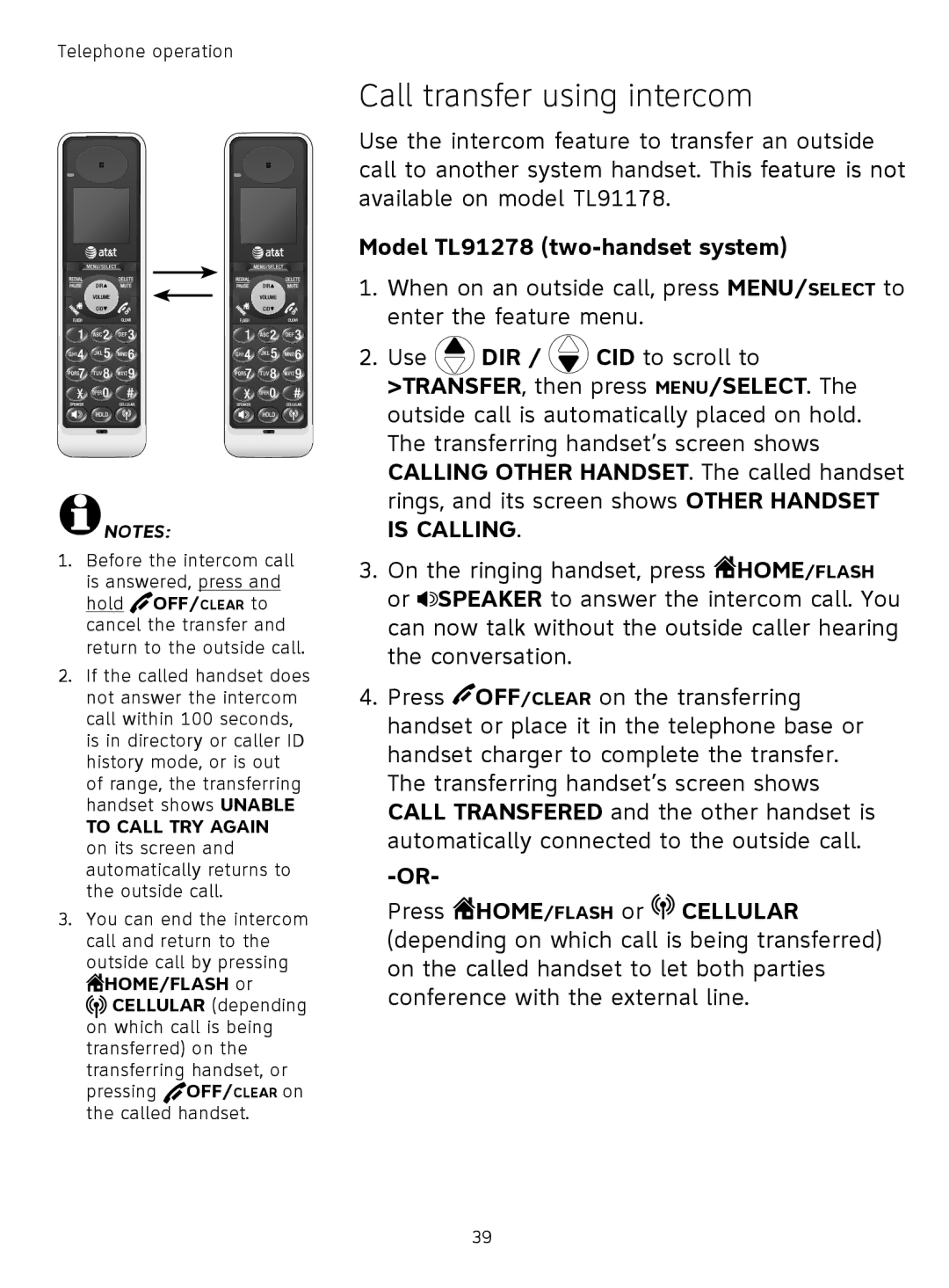 AT&T TL9178, TL91378, TL91178, TL91278 user manual Call transfer using intercom 