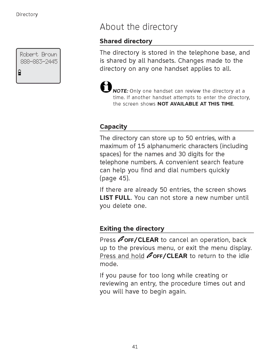 AT&T TL91178, TL9178, TL91378, TL91278 user manual About the directory, Shared directory, Capacity, Exiting the directory 