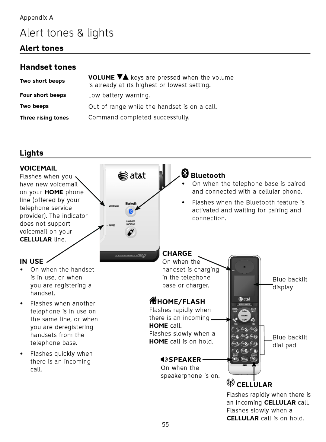 AT&T TL9178, TL91378, TL91178, TL91278 user manual Alert tones & lights, Alert tones Handset tones, Lights 