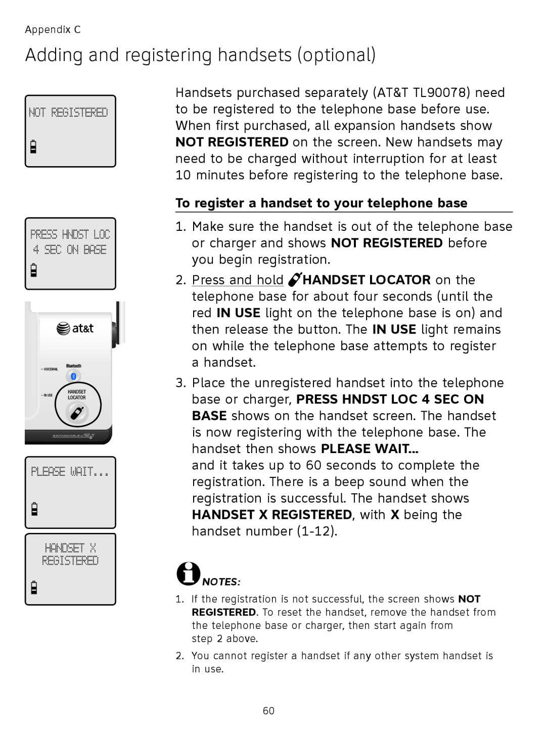 AT&T TL91378, TL9178, TL91178 Adding and registering handsets optional, To register a handset to your telephone base 