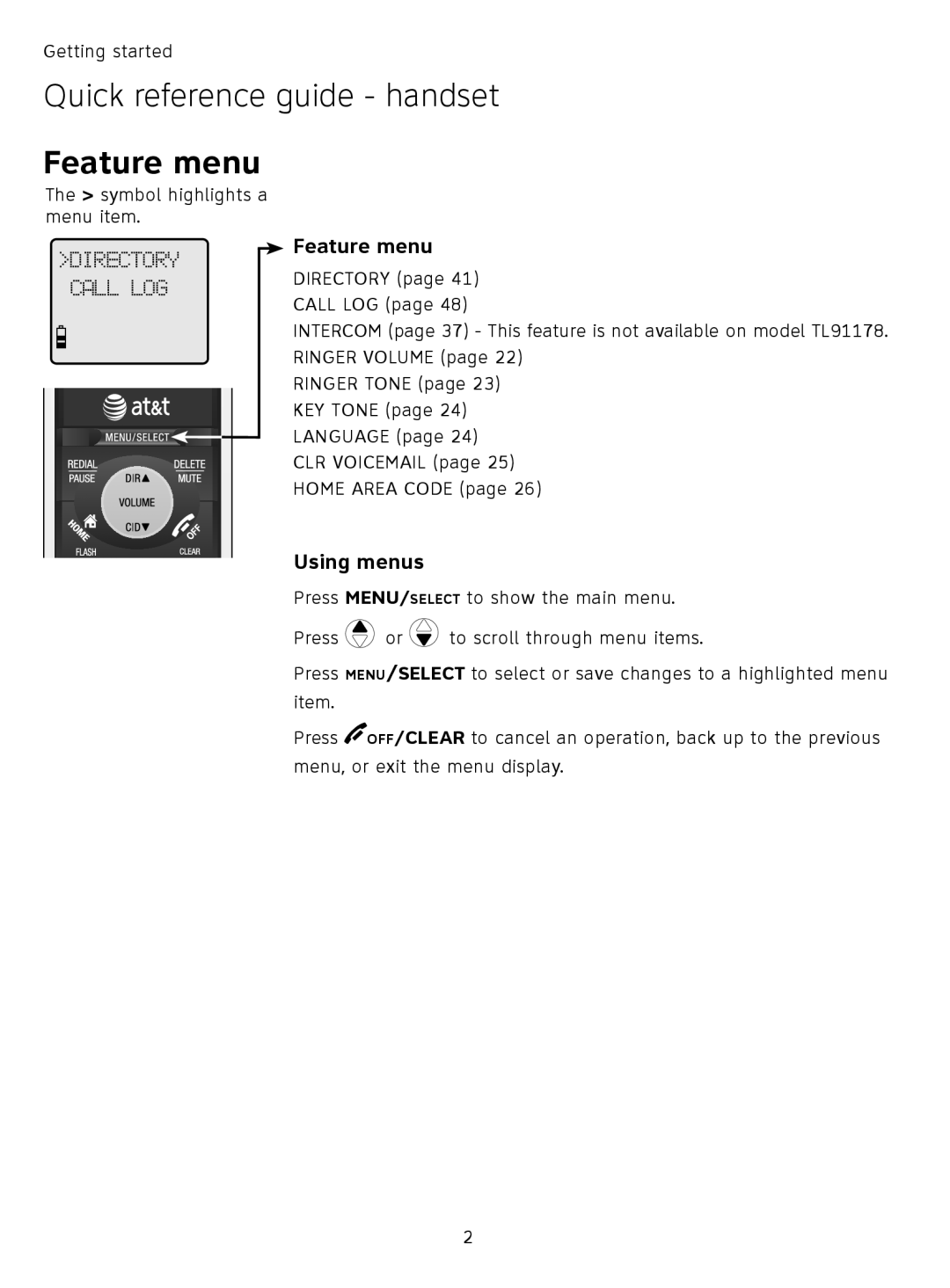 AT&T TL91278, TL9178, TL91378, TL91178 user manual Feature menu 