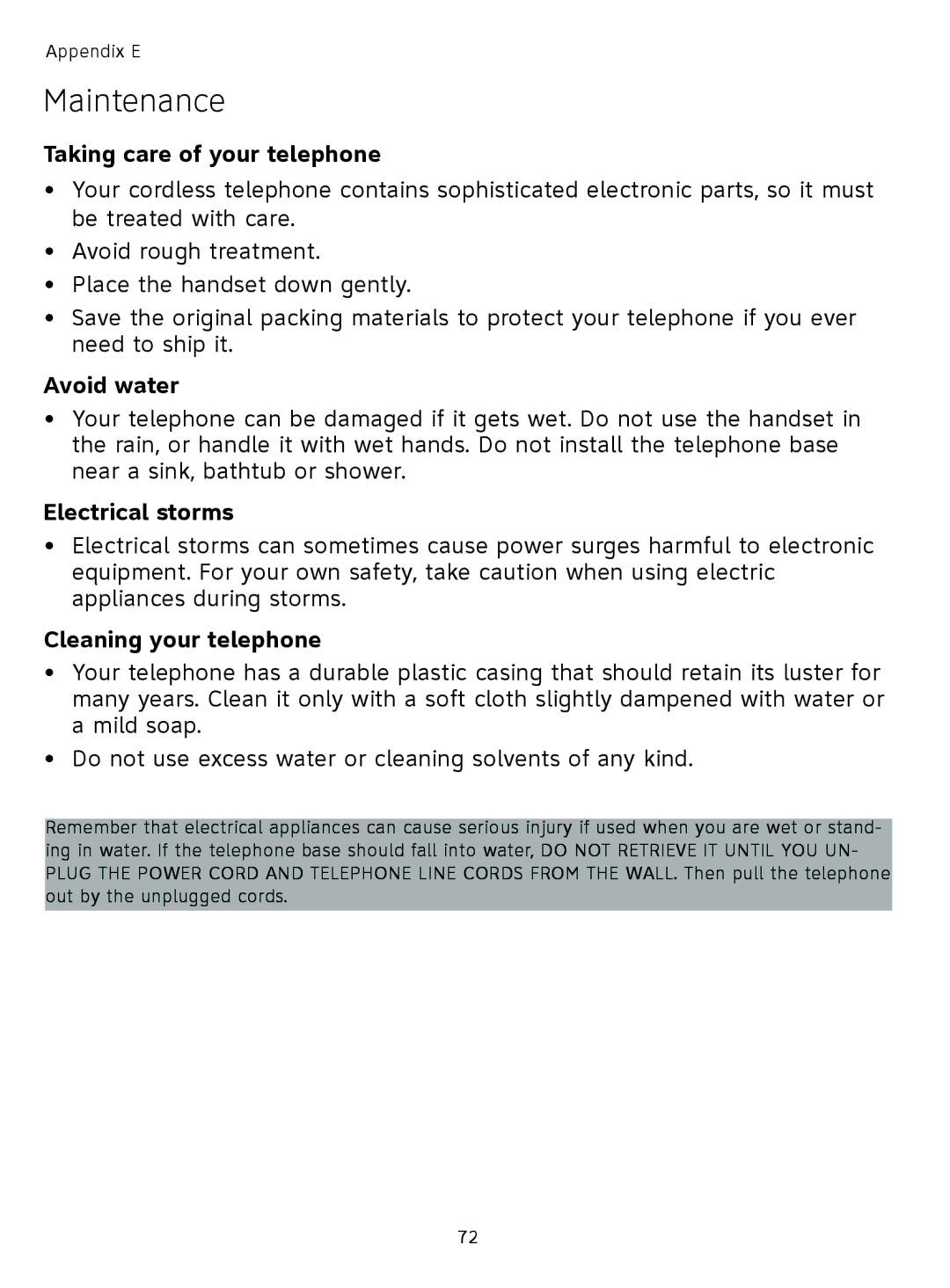 AT&T TL91378, TL9178 Maintenance, Taking care of your telephone, Avoid water, Electrical storms, Cleaning your telephone 