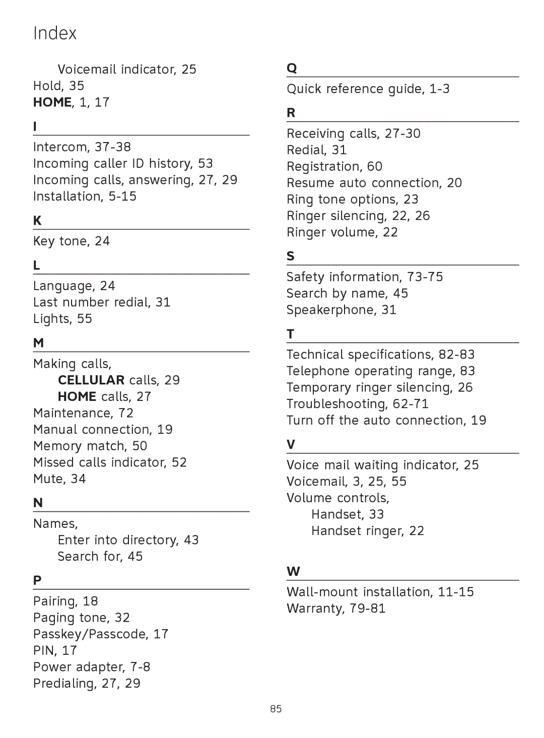 AT&T TL91178, TL9178, TL91378, TL91278 user manual Index 