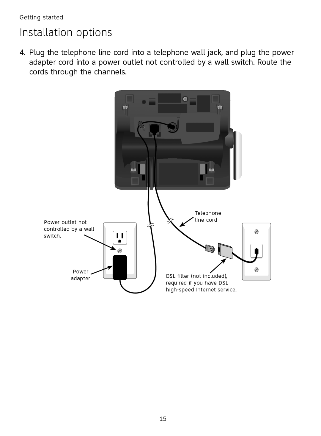 AT&T TL9178, TL91378 Installation options, Power outlet not controlled by a wall switch Power adapter, Telephone line cord 