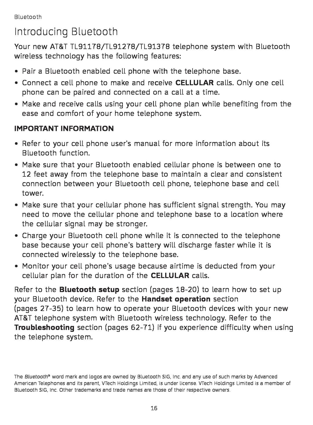 AT&T TL91378 Introducing Bluetooth, Pair a Bluetooth enabled cell phone with the telephone base, Important Information 