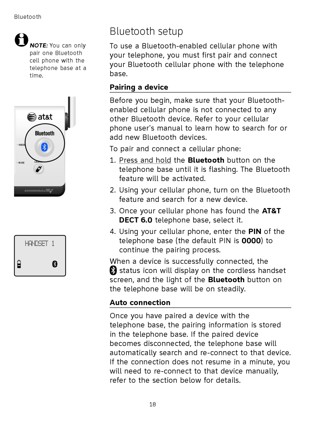 AT&T TL91278, TL9178, TL91378, TL91178 user manual Bluetooth setup, Pairing a device, Auto connection 