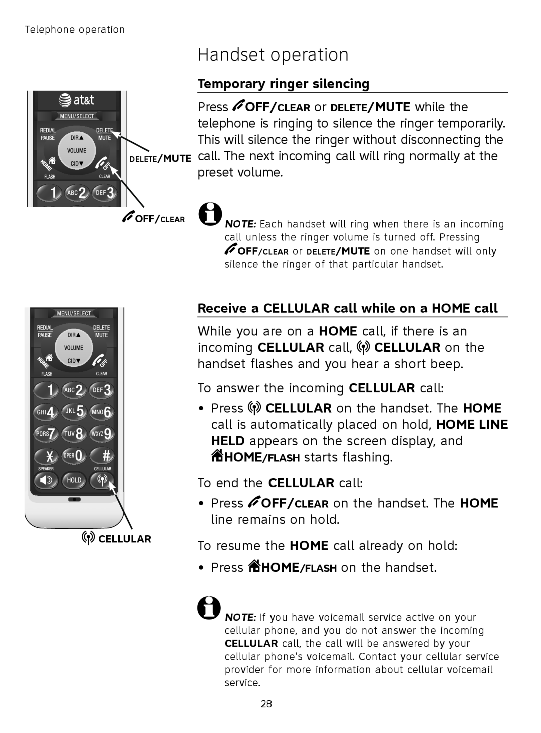 AT&T TL91378, TL9178, TL91178 Temporary ringer silencing, Receive a CELLULAR call while on a HOME call, Handset operation 