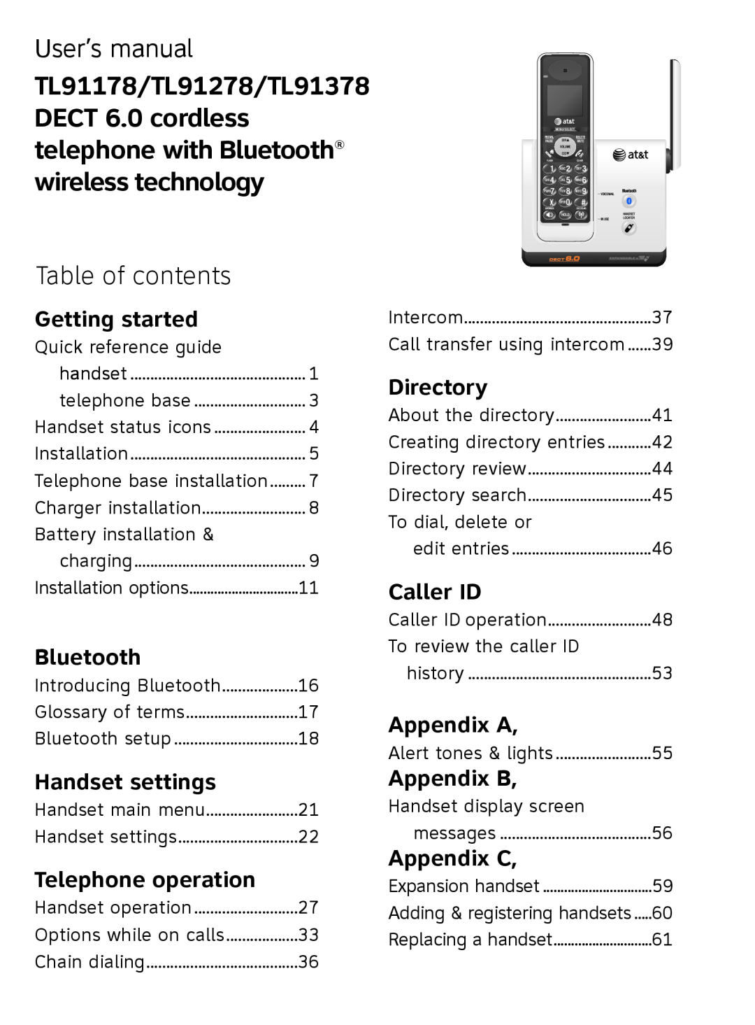 AT&T TL9178 Table of contents, Getting started, Bluetooth, Handset settings, Telephone operation, Directory, Caller ID 