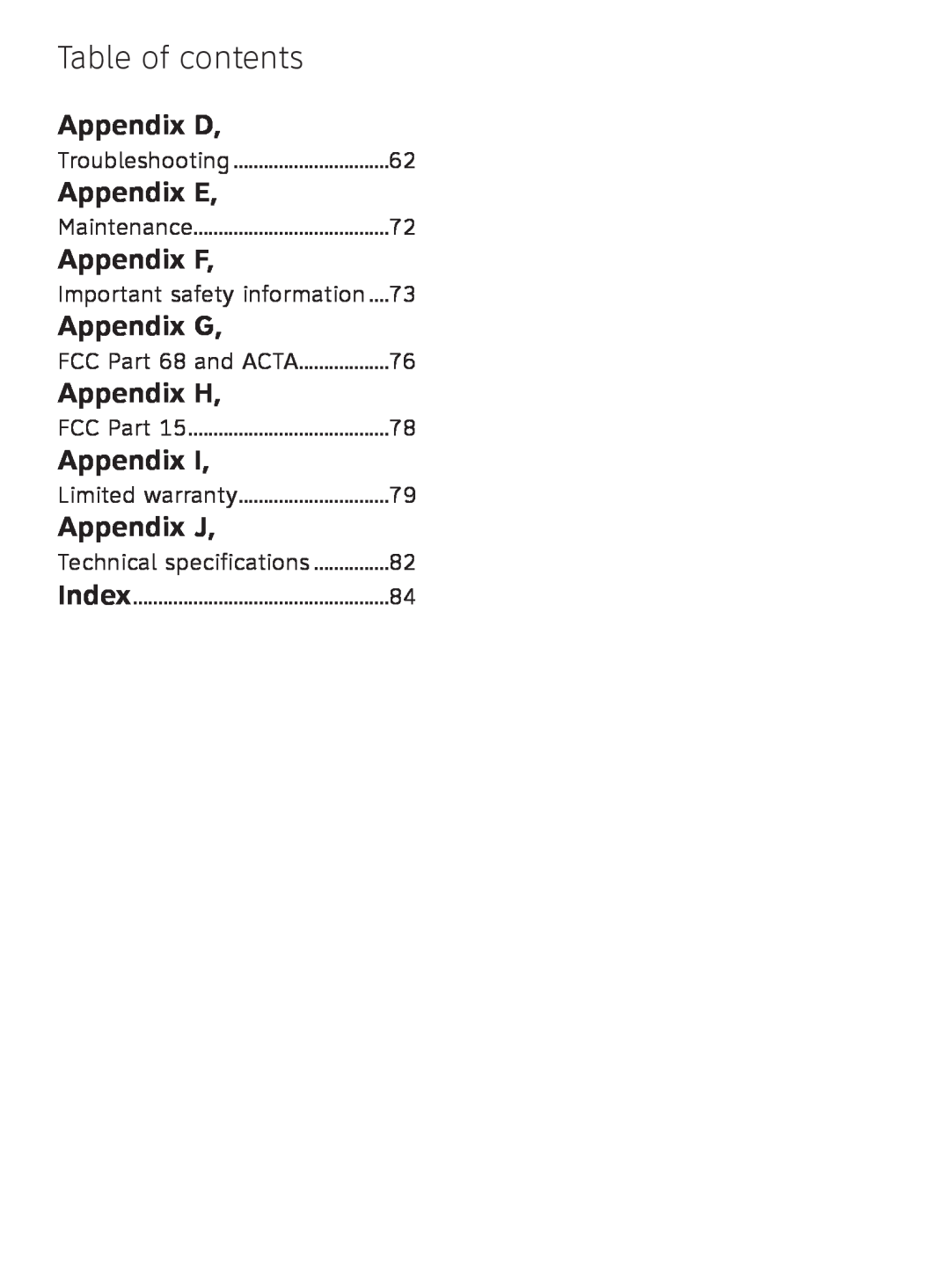AT&T TL91378 Appendix D, Appendix E, Appendix F, Appendix G, Appendix H, Appendix J, Table of contents, Limited warranty 