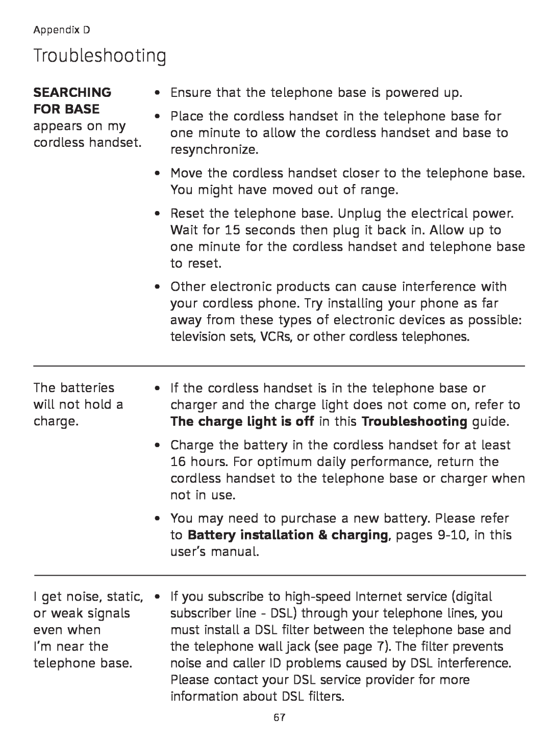 AT&T TL9178 SEARCHING FOR BASE appears on my cordless handset, The charge light is off in this Troubleshooting guide 