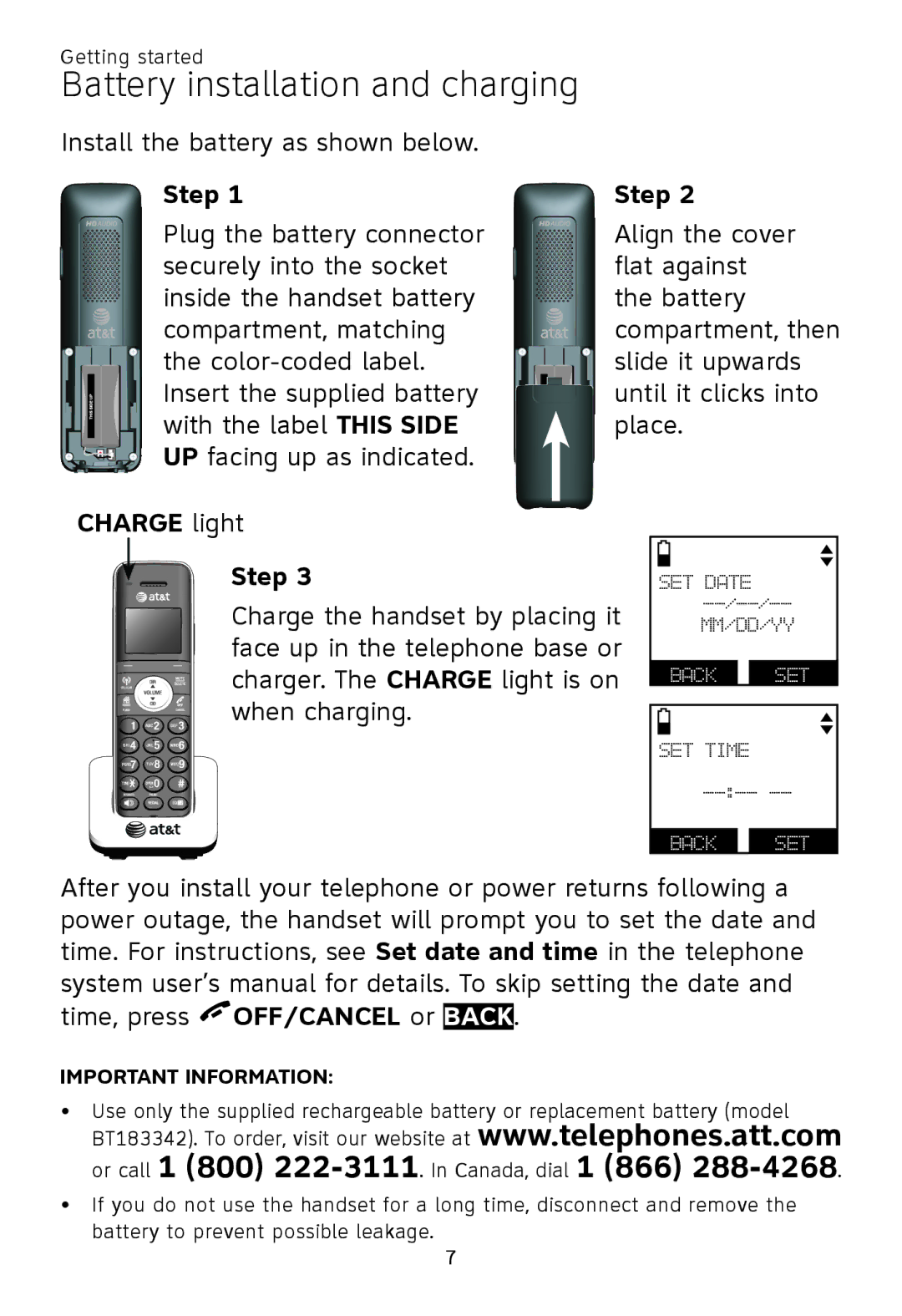 AT&T TL96471, TL92271, TL90071, TL96271, TL96371, TL92371, TL92471 user manual Charge light Step 