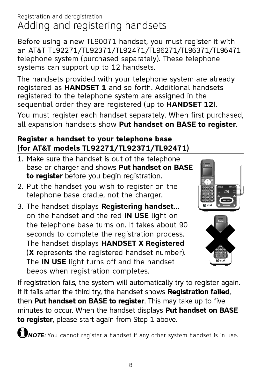 AT&T TL92371, TL92271, TL90071, TL96271, TL96371, TL96471, TL92471 user manual Adding and registering handsets 