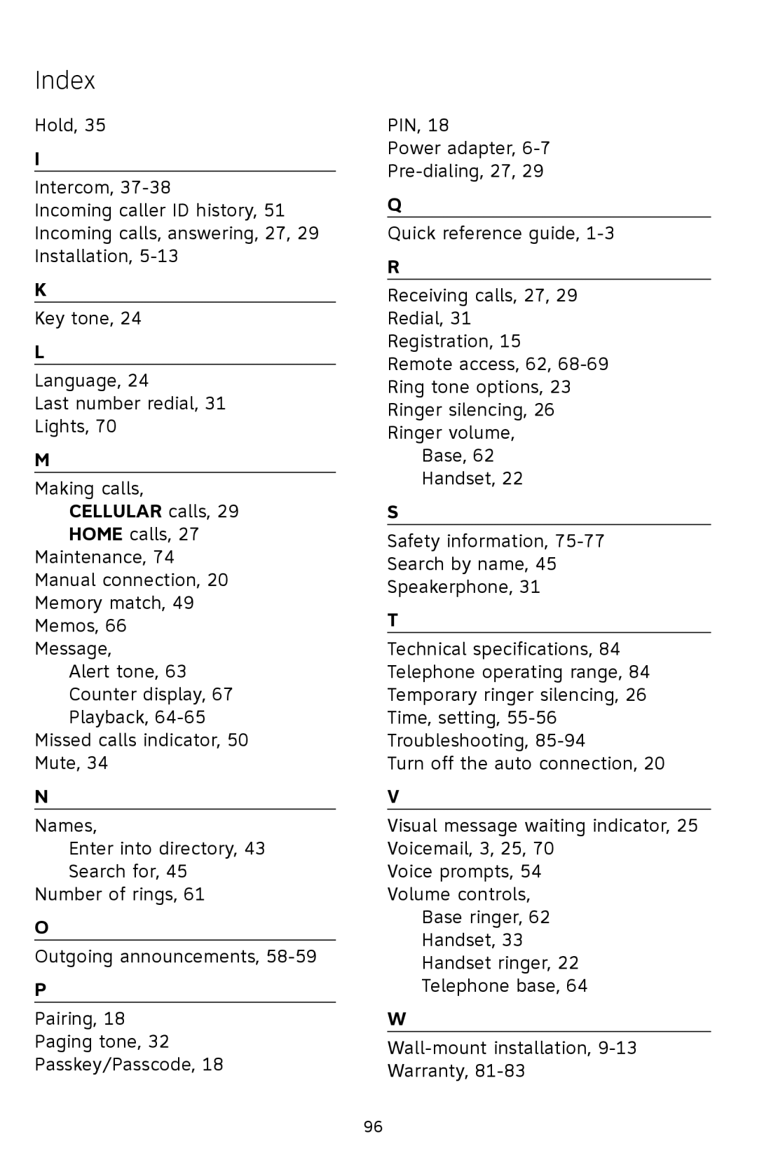 AT&T TL9228, TL9278 user manual Index 