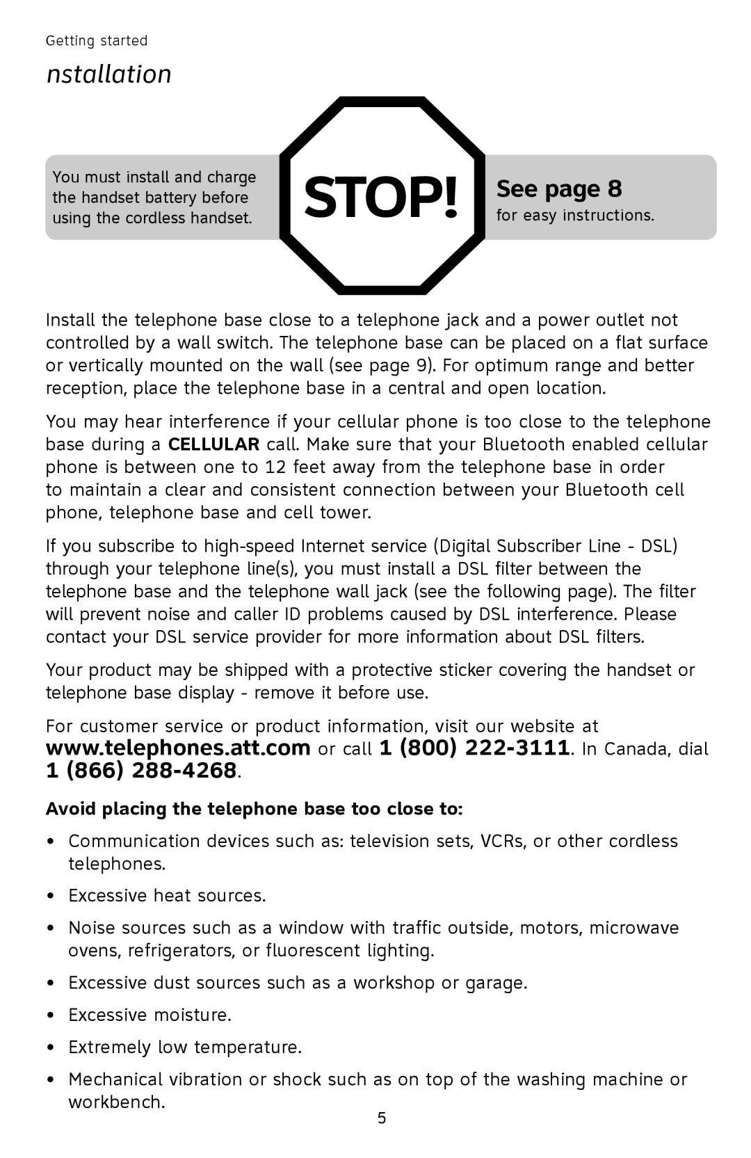 AT&T TL9278, TL9228 user manual Installation, Avoid placing the telephone base too close to 