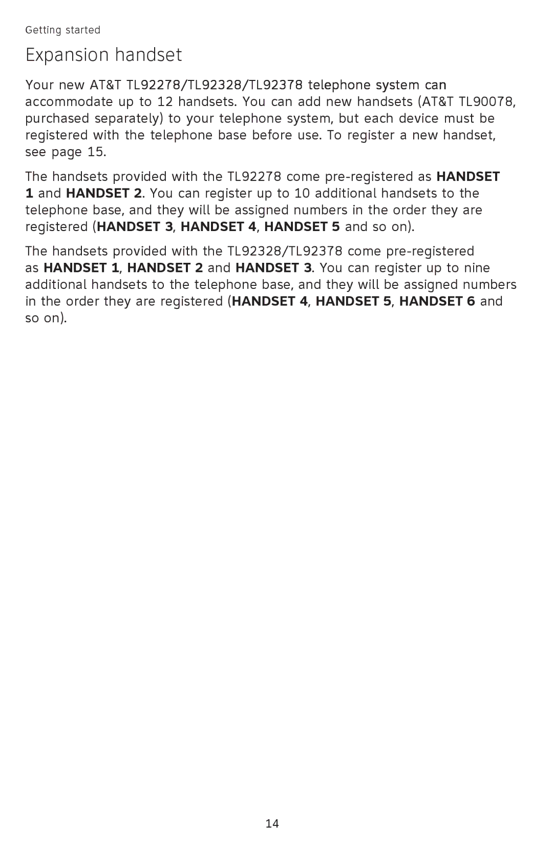 AT&T TL9228, TL9278 user manual Expansion handset 